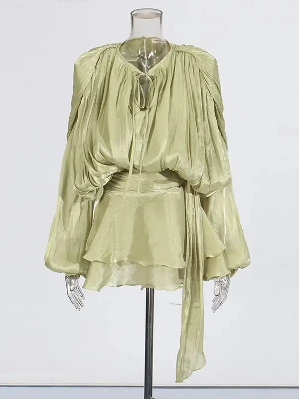 TWOTWINSTYLE Solid Blouse Mini Dresses For Women V Neck Long Sleeve Spliced Lace Up.