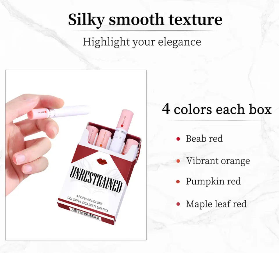 4 pcs/set Cigarette Lipstick Set Long Lasting Lip Glaze Matte Lip Gloss Waterproof.
