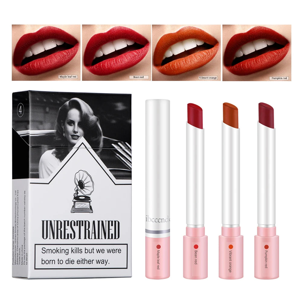 4 pcs/set Cigarette Lipstick Set Long Lasting Lip Glaze Matte Lip Gloss Waterproof.