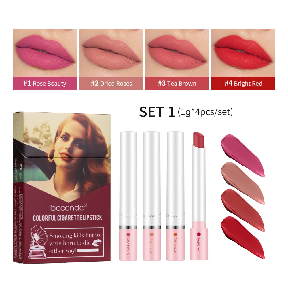 4 pcs/set Cigarette Lipstick Set Long Lasting Lip Glaze Matte Lip Gloss Waterproof.
