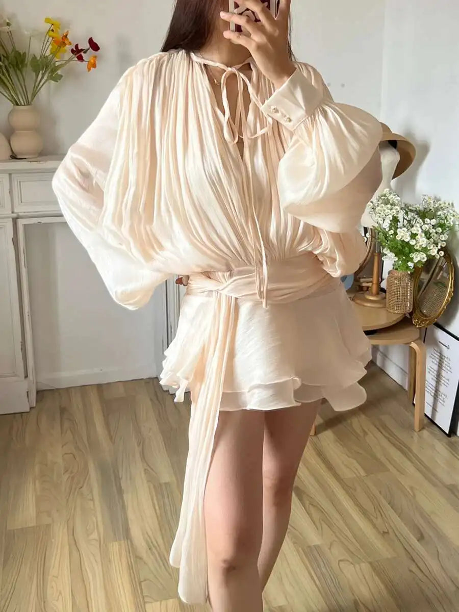 TWOTWINSTYLE Solid Blouse Mini Dresses For Women V Neck Long Sleeve Spliced Lace Up.