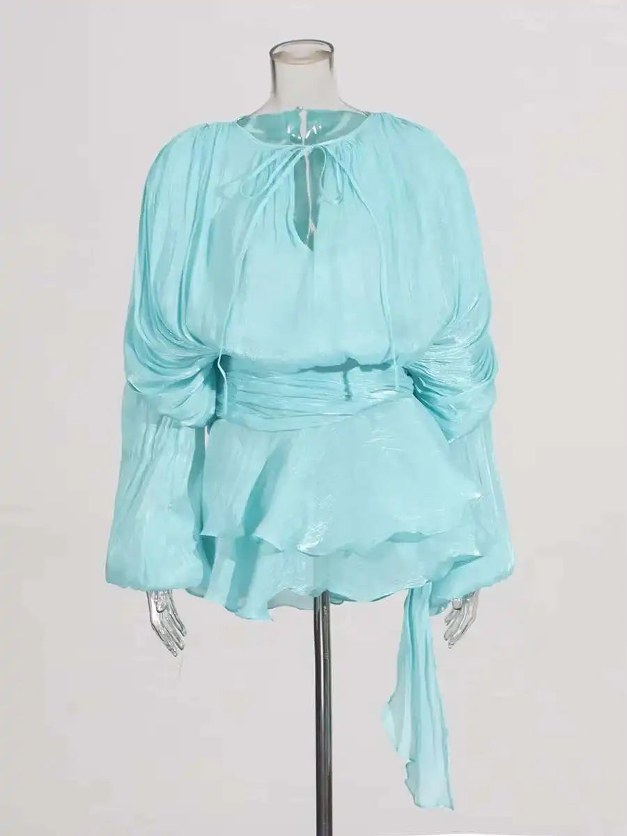 TWOTWINSTYLE Solid Blouse Mini Dresses For Women V Neck Long Sleeve Spliced Lace Up.