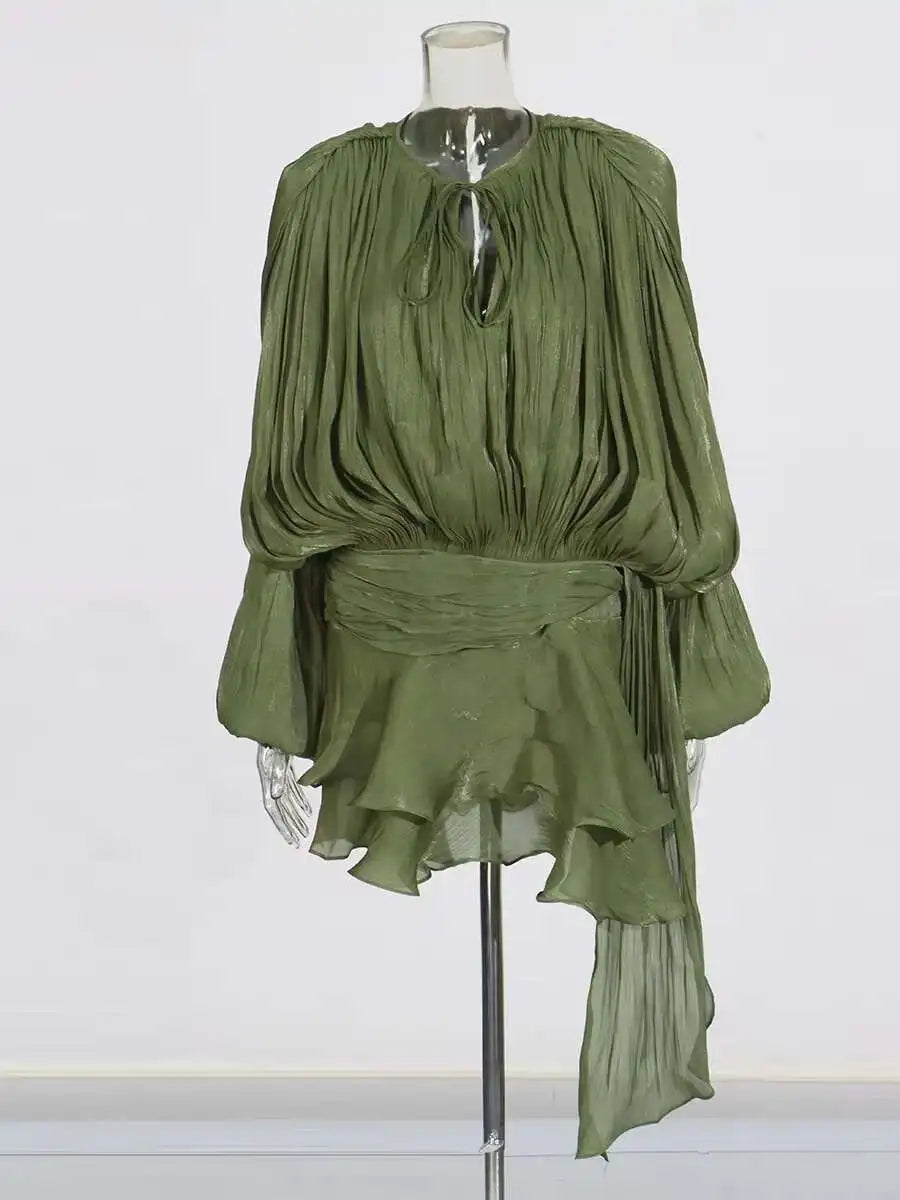 TWOTWINSTYLE Solid Blouse Mini Dresses For Women V Neck Long Sleeve Spliced Lace Up.