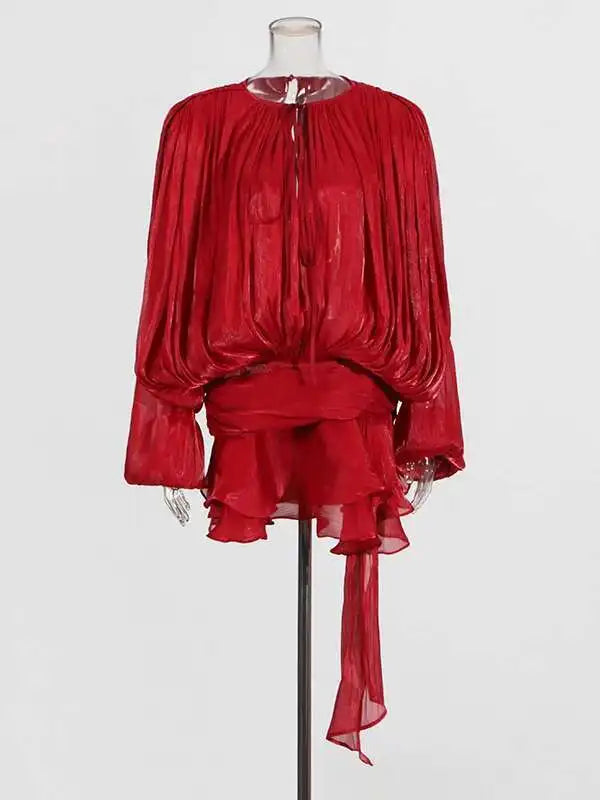 TWOTWINSTYLE Solid Blouse Mini Dresses For Women V Neck Long Sleeve Spliced Lace Up.