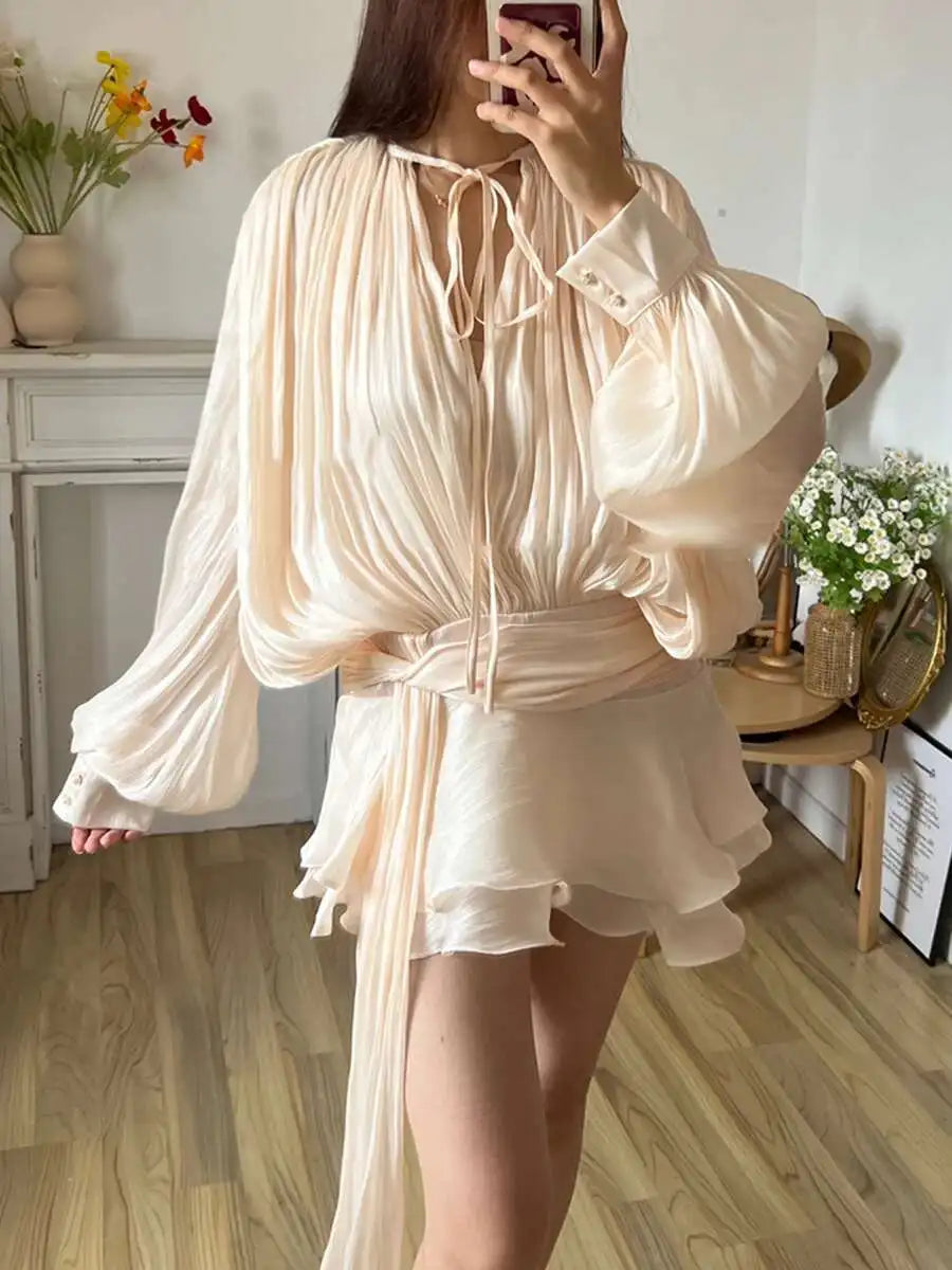 TWOTWINSTYLE Solid Blouse Mini Dresses For Women V Neck Long Sleeve Spliced Lace Up.