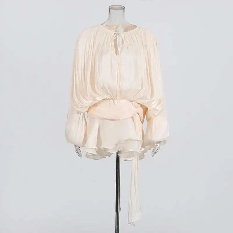 TWOTWINSTYLE Solid Blouse Mini Dresses For Women V Neck Long Sleeve Spliced Lace Up.