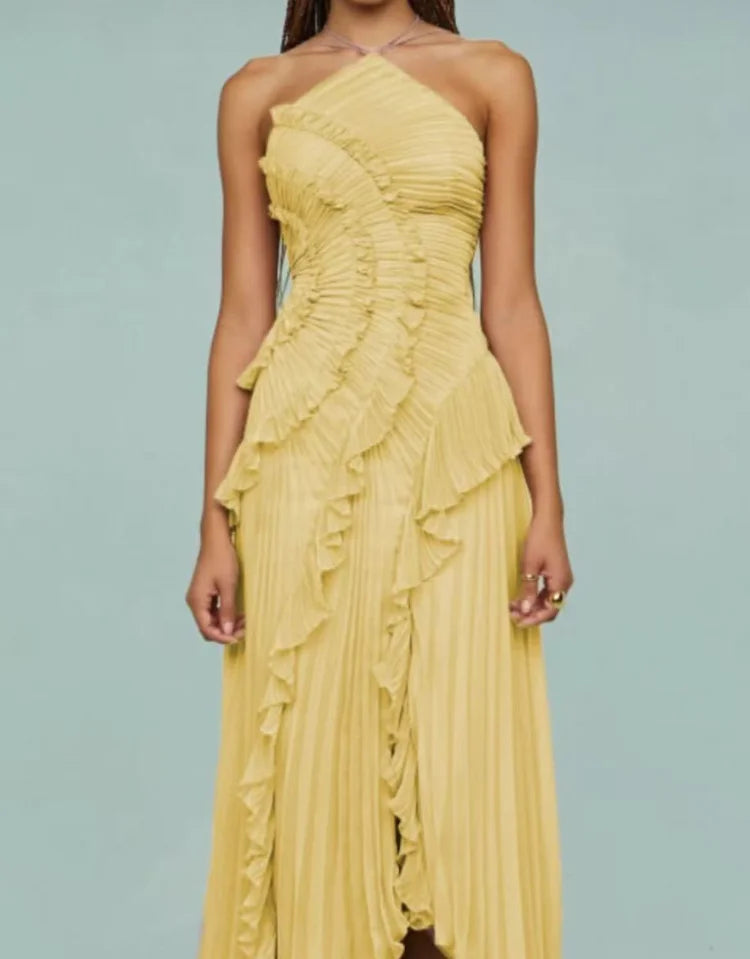 Elegant Purple Halter A Line Prom Gowns Ruffles Tiered Backless.