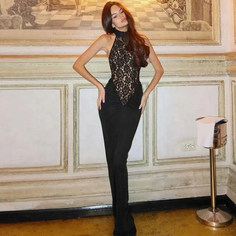 Mozision Lace Halter Backless Sexy Maxi Dress.