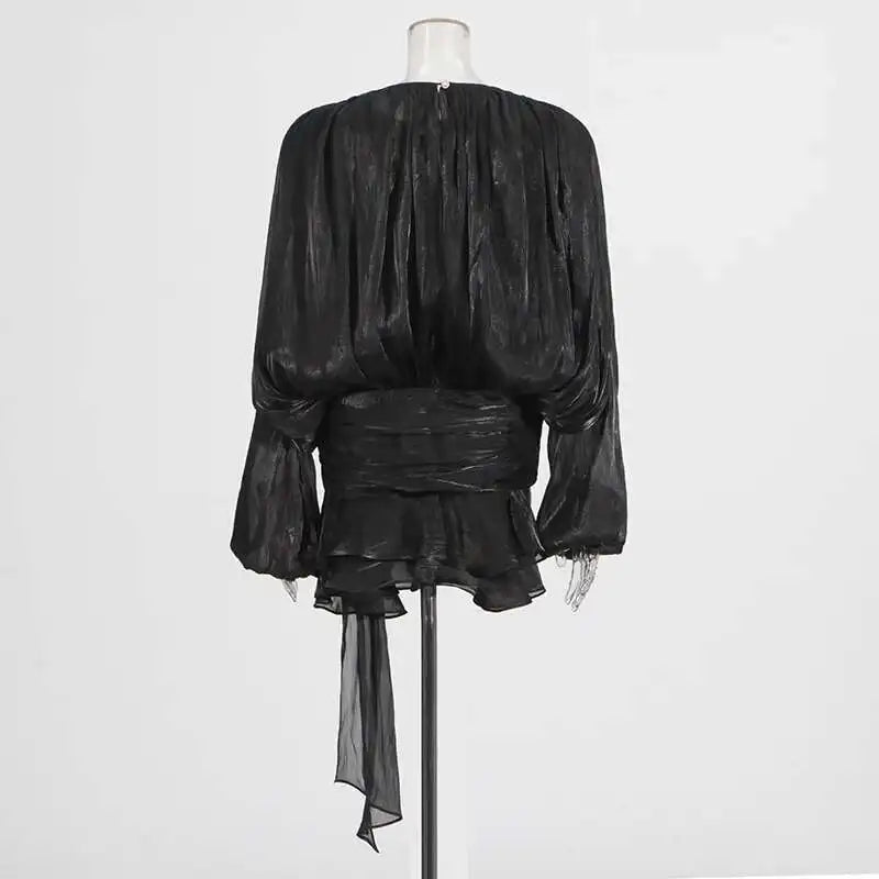 TWOTWINSTYLE Solid Blouse Mini Dresses For Women V Neck Long Sleeve Spliced Lace Up.