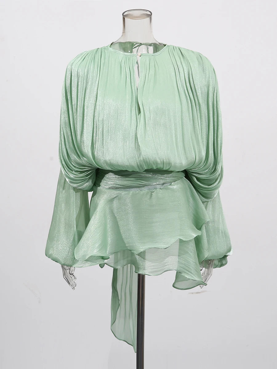 TWOTWINSTYLE Solid Blouse Mini Dresses For Women V Neck Long Sleeve Spliced Lace Up.