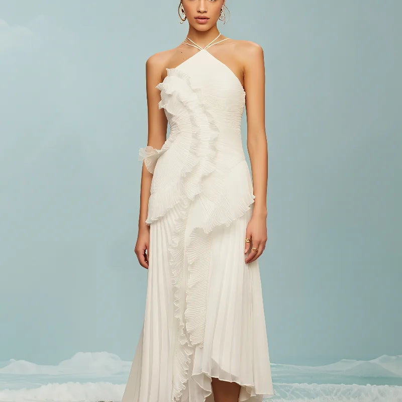 Elegant Purple Halter A Line Prom Gowns Ruffles Tiered Backless.