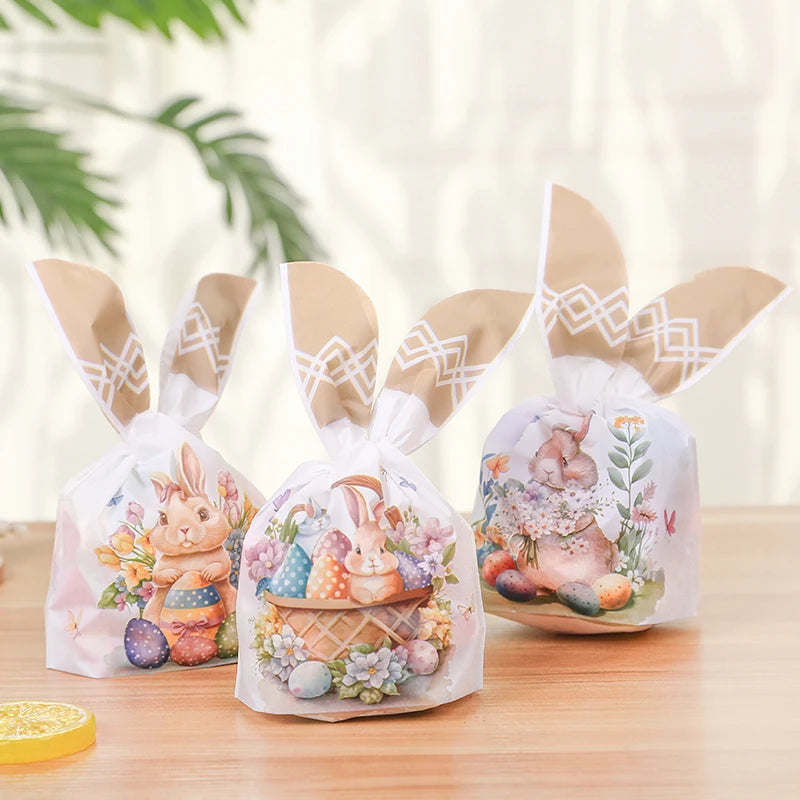 25/50pcs Easter Rabbit Ear Candy Cookies Bag Cute Bunny Eggs Gift Packaging Bag Kids Easter Birthday Party Favors Decor Supplies