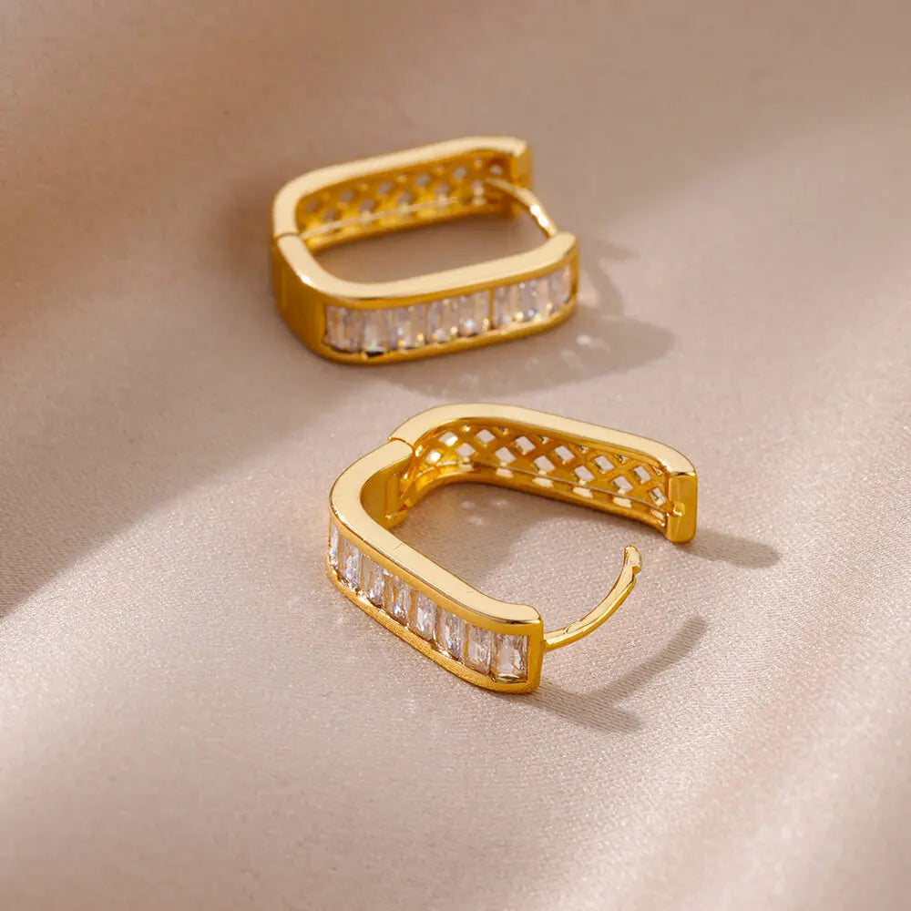 Shiny Zircon Circle Square Hoop Earrings for Women