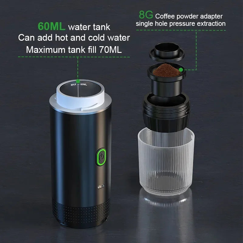 Wireless Electric Portable Espresso Coffee Machine for Car & Home Camping Coffee Maker 3-in-1 Capsule Powder Travel Coffee Maker.