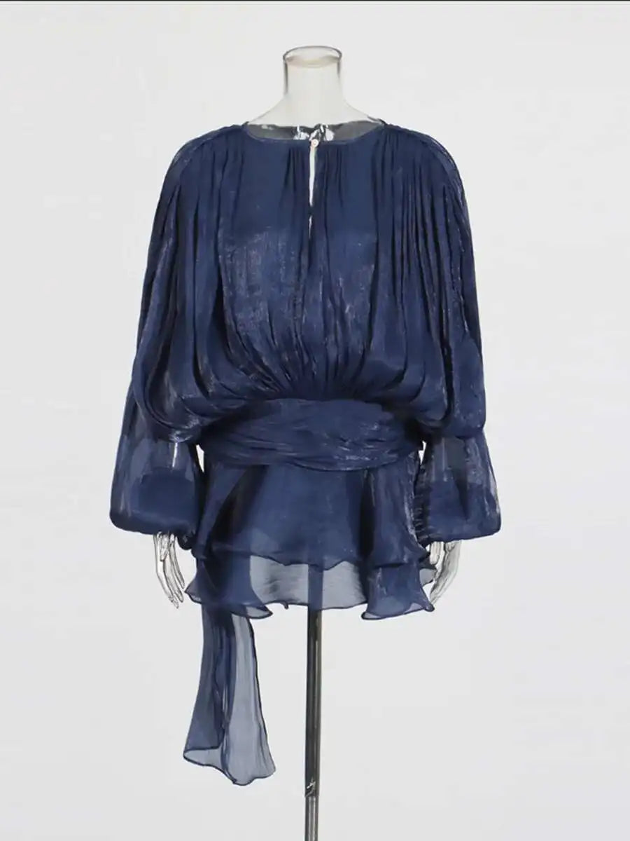 TWOTWINSTYLE Solid Blouse Mini Dresses For Women V Neck Long Sleeve Spliced Lace Up.