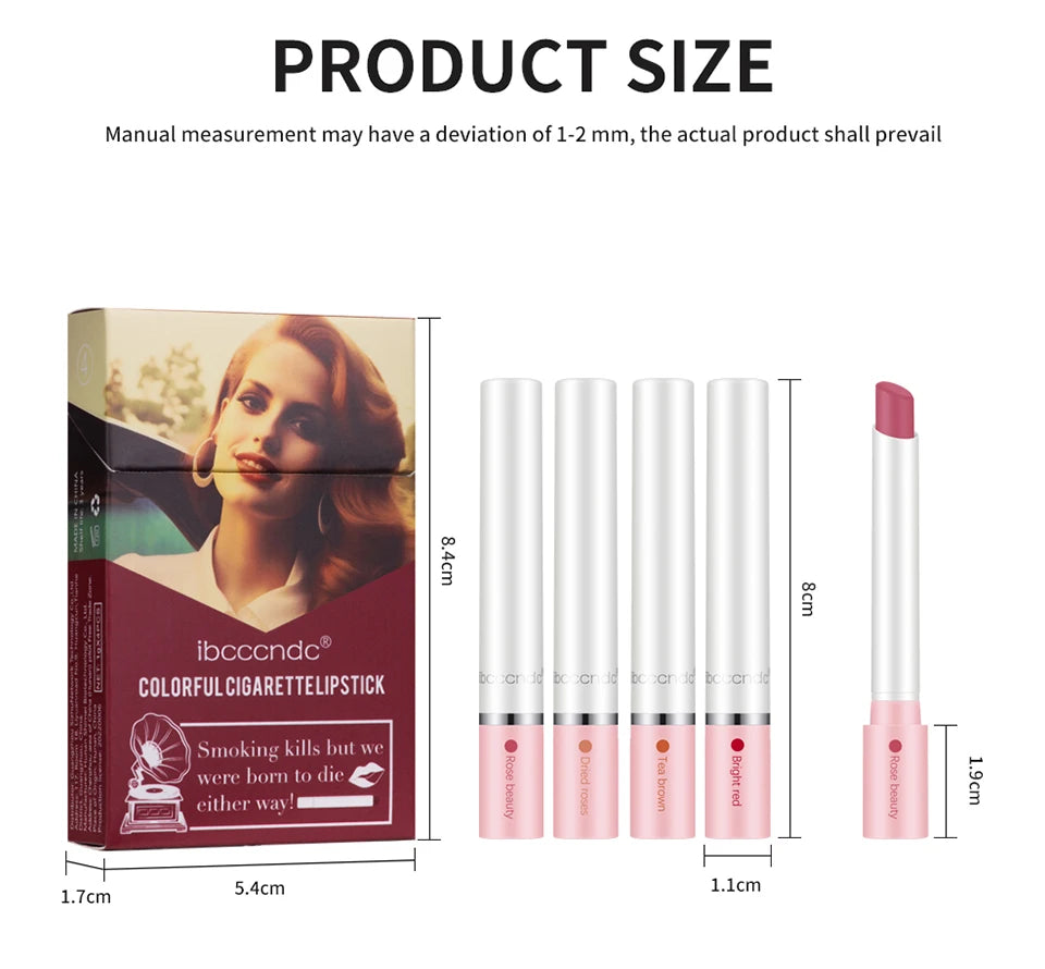 4 pcs/set Cigarette Lipstick Set Long Lasting Lip Glaze Matte Lip Gloss Waterproof.